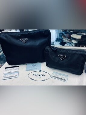 Authentic Prada Vintage Nylon Pouch Duo - Rare Bleu & Nero Set